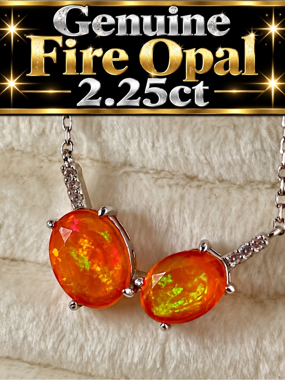Fire Opal Stationary Necklace 14k white Gold on Sterling silver